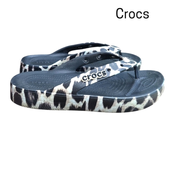 Crocs Platform Animal Print Tiger Black Gray Flip Flop Thong Sandal Women 9 - Picture 1 of 8